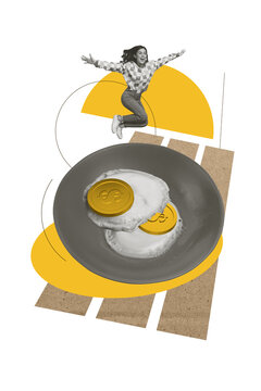 3D collage design composite trend sketch of psychedelic young lady jump dish eg fried dollars coin yolk calories food diet eat nutrition