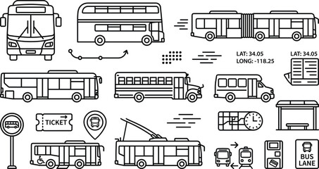 Public Transit City Bus Transportation Icon Set Outline Vector Art Illustration © Ma
