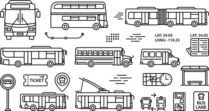 Public Transit City Bus Transportation Icon Set Outline Vector Art Illustration