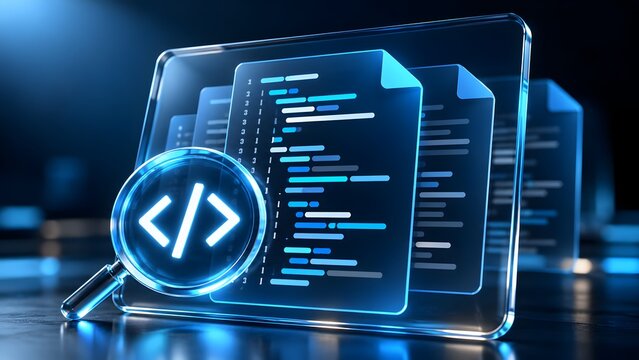 Glowing Blue Magnifying Glass With Coding Tag Inspecting Transparent Digital Code Screens Symbolizing Software Audit And Debugging