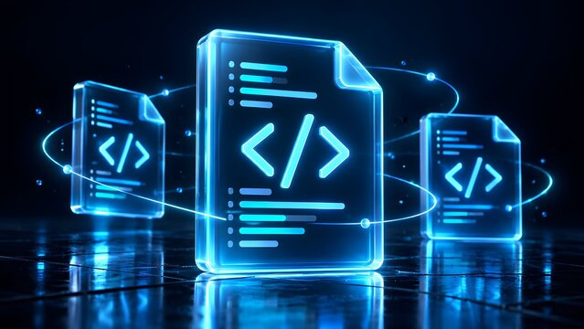 Three Glowing Blue Glass Document Icons With Coding Tags Surrounded By Light Rings Representing Software Development