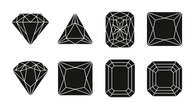 Faceted Diamond and Gemstone Cuts Vector Icon Set with Brilliant Emerald Trillion Cushion and Princess Shapes for Luxury Jewelry Logo Designs