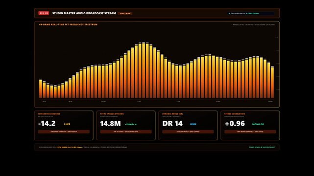 Professional Digital Audio Broadcast Stream Interface Featuring a Real-Time FFT Frequency Spectrum, Studio Master Level Meters, and Loudness Monitoring Dashboard for Music Production and Podcasting