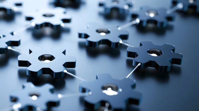 Interconnected gear system with metallic finish and glowing highlights on a reflective surface  showcasing mechanical harmony and precision