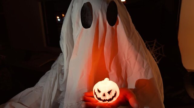 Costumed ghost holds luminous jack o lantern against shadowy Halloween backdrop. White draped fabric and black eye holes frame cheerful pumpkin, giving eerie figure playful look, as orange light