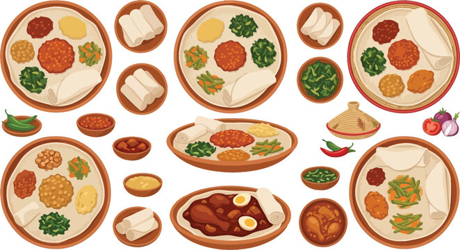 Ethiopian food vector collection with traditional injera and doro wat stews