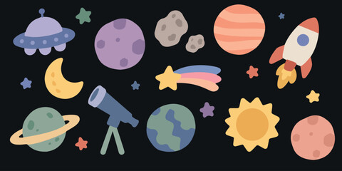 Cute Space and Astronomy Illustration Set with Planets, Rocket, UFO, Moon, Sun, Earth, Saturn, Telescope and Shooting Star © Maria