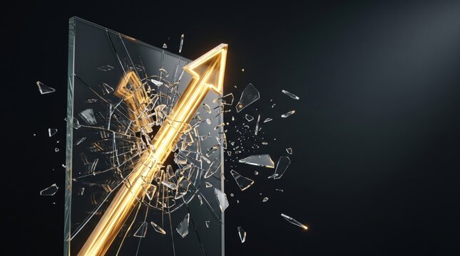 Glowing Golden Arrow Shattering Glass Barrier Breakthrough Concept