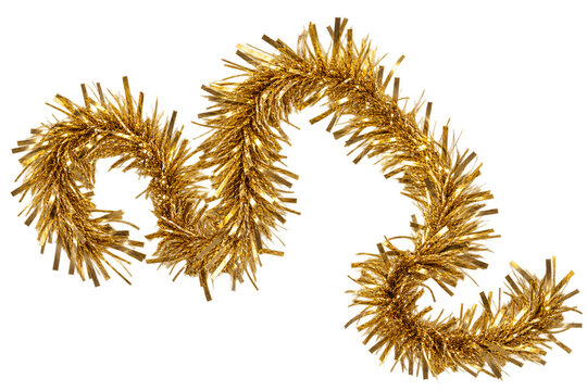 Curled gold tinsel garland on transparent background