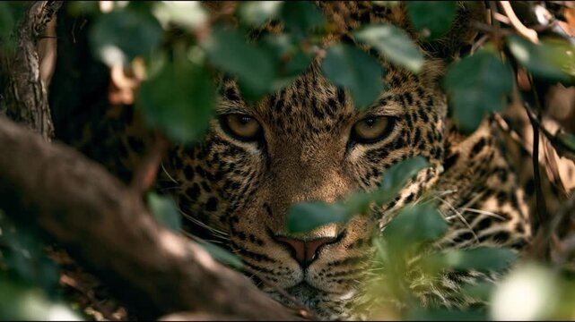 Intense Gaze of a Hidden Leopard Peeking Through Lush Green Foliage in the Wild