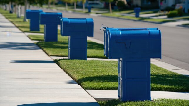 Row of identical blue residential mailboxes lining a suburban street