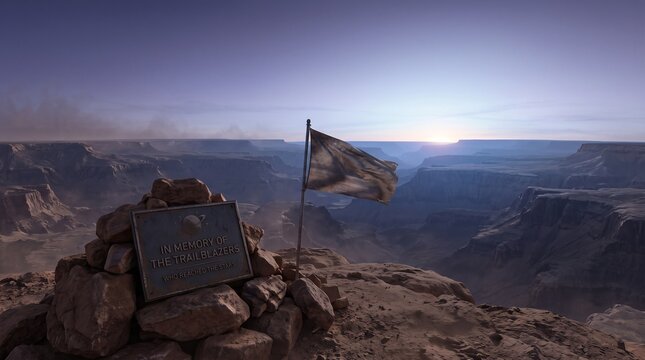 Tattered flag and plaque honoring trailblazers on Mars cliff top conceptualizing human space exploration and sacrifice