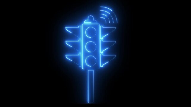 Futuristic Glowing Neon Smart Traffic Light and Wireless Connectivity Icon for Smart City Technology on black background.