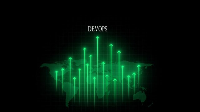 Dev ops growth concept: digital map with rising green data arrows and hud grid background, devops digital transformation