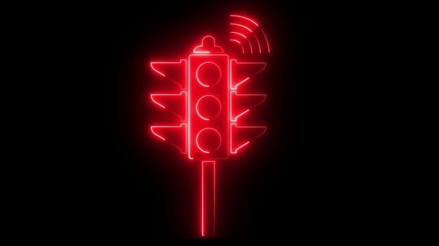 Futuristic Glowing Neon Smart Traffic Light and Wireless Connectivity Icon for Smart City Technology on black background.