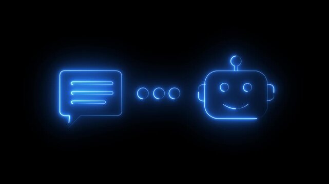 Futuristic Glowing Neon AI Chatbot and Customer Service Virtual Assistant Icon on black background.