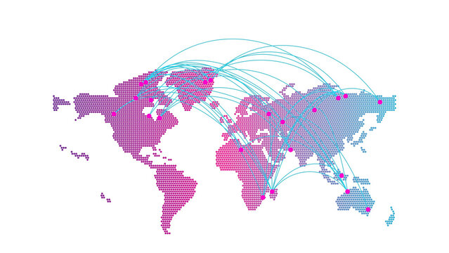 Abstract dot style world map with digital network connection lines showing global communication flow transparent background