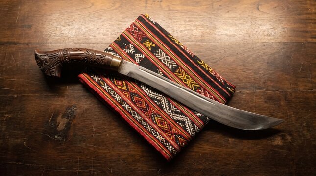 Traditional Carved Wooden Handle Machete Knife on Timor Tais Cloth
