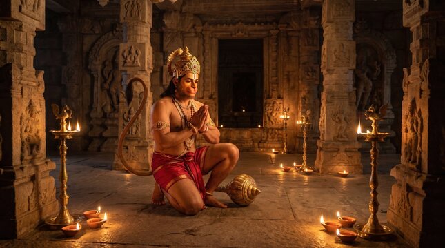 Lord Hanuman in prayer inside a traditional stone temple
