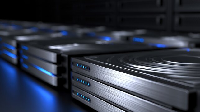 Shimmering RAID storage array units with blue indicator lights