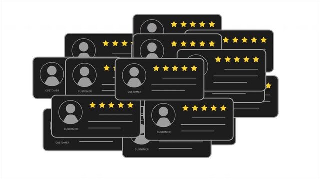 Review cards appear and stack one after another with five stars and profile avatars. Shows customer feedback. Suitable for apps, websites, and UI visuals