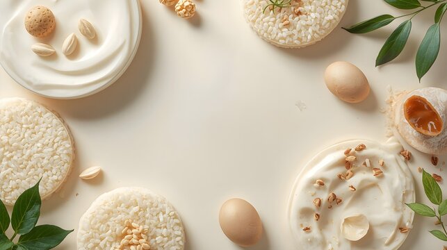 Skincare flat lay composition with natural rice extract, cream, and organic ingredients