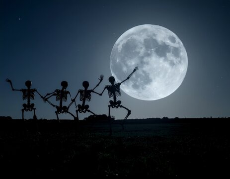 Joyful Skeletons Dancing Together Under Moonlight