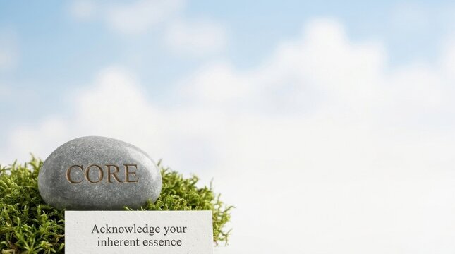 Stone with inscription sits on moss under blue sky