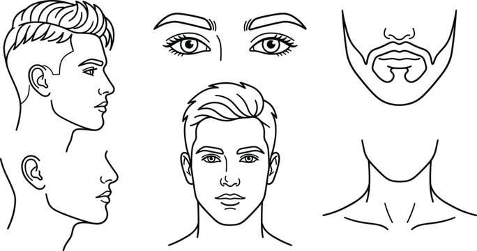 Handsome man face and grooming line icons vector set for barbershop