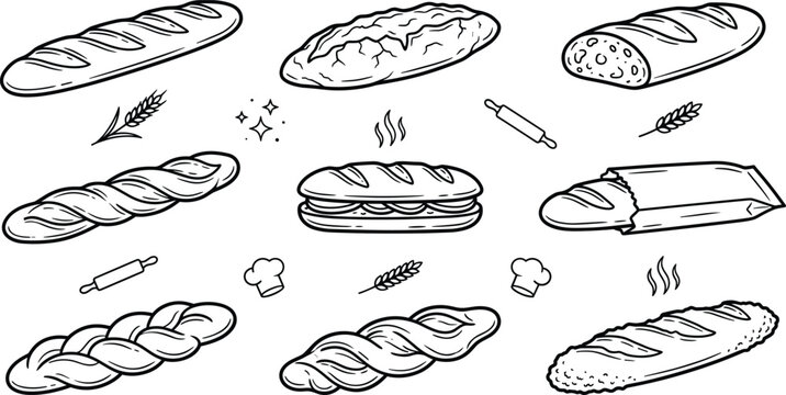 Bakery fresh baguettes and french bread line art illustration set