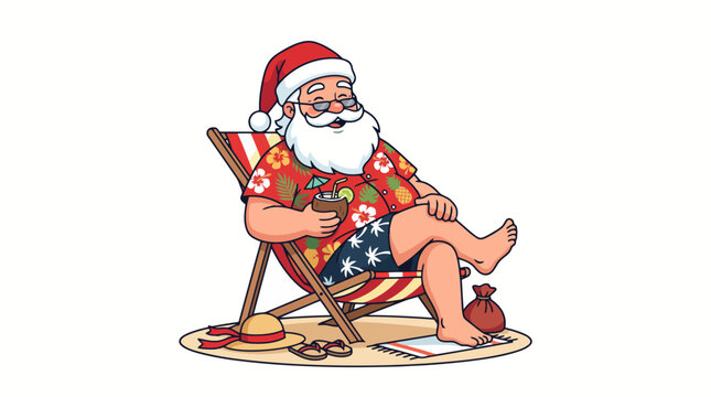 Santa claus relaxing on a beach chair, wearing a red hawaiian shirt and shorts, holding a coconut drink with a straw while sitting on the sand