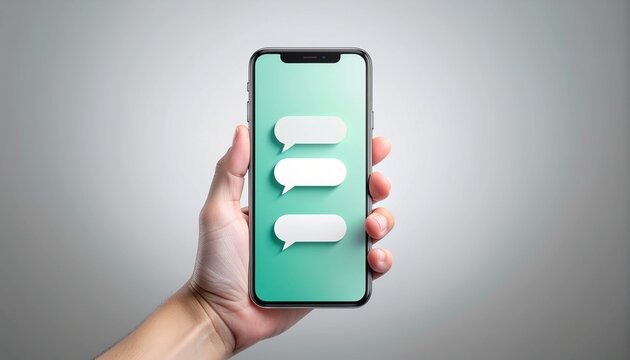 手に持ったスマートフォンに吹き出しを表示した通信イメージ
