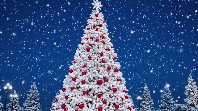 Snow-covered Christmas tree decorated with red ornaments as the view moves from close-up to full tree in falling snow. Christmas holiday celebration. Winter festive display.