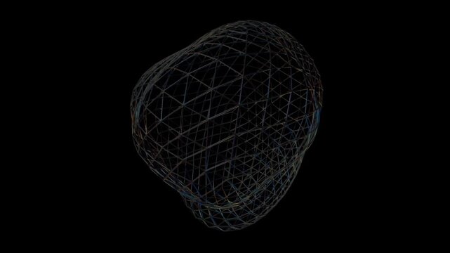 3D Metallic Wireframe Mesh Organic Sphere Rotating Center Seamless Loop Video, Abstract Cybernetic Polygon Lattice Motion Graphics, Dark Chrome Fluid Grid Axis Spin &ndash; Centered view of an organic metal
