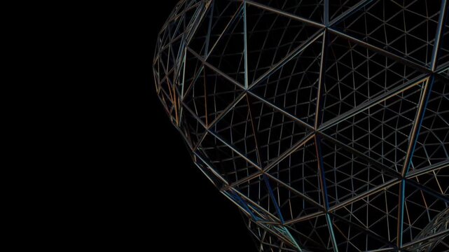 3D Metallic Wireframe Mesh Sphere Close-Up Rotating Seamless Loop Video, Abstract Cybernetic Polygon Grid Motion Graphics, Futuristic Black Metal Lattice Macro Axis Spin &ndash; Close-up view