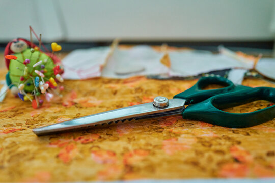 Pinking Shears and Pin Cushion on Floral Quilting Fabric