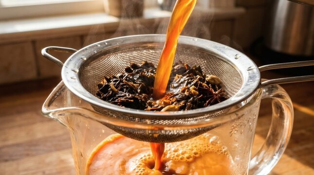Pouring hot chai tea through a metal strainer with traditional spices into a glass pitcher, creating steam and bubbles.