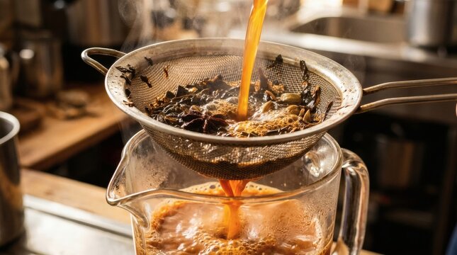 Pouring hot spiced tea through a metal strainer with star anise, cardamom, and tea leaves into a glass pitcher, preparing chai.
