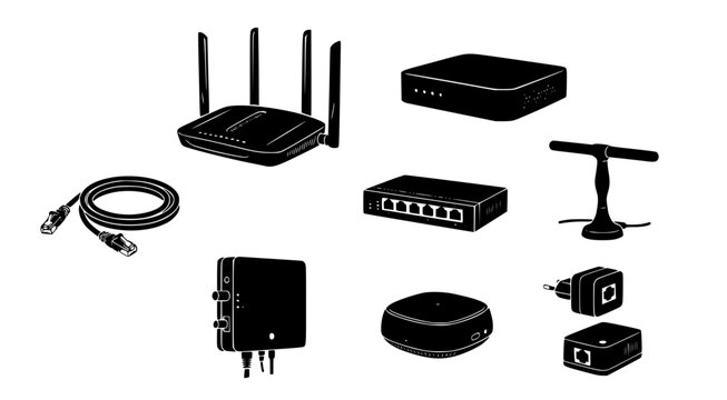 Networking and connectivity hardware vector set featuring wifi routers network switches ethernet cables and power plugs isolated on transparent background for IT infrastructure and tech design