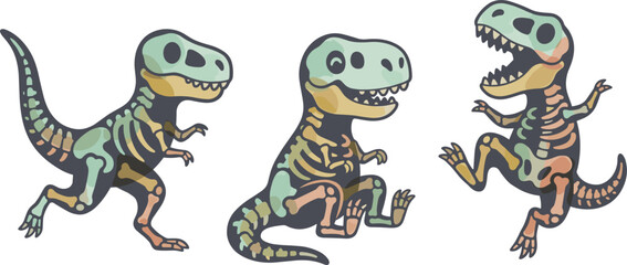 Cute Cartoon Tyrannosaurus Rex Dinosaur Skeleton Vector Set Featuring Friendly Colorful Fossil Bone Characters for Spooky Kids Halloween Designs © kamala