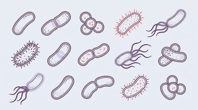 Microbiology: Hand drawn bacterial pathogen collection illustrating infection and plague outbreak risk