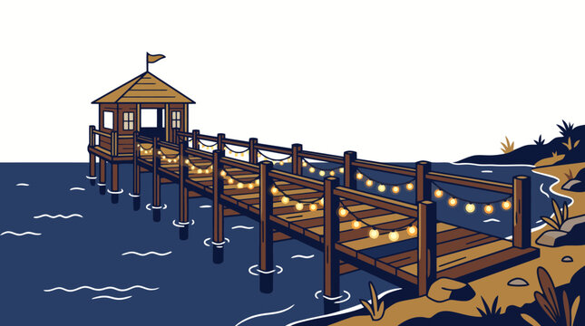 Wooden pier with a small hut and glowing string lights extending into dark blue water, isolated on a white background