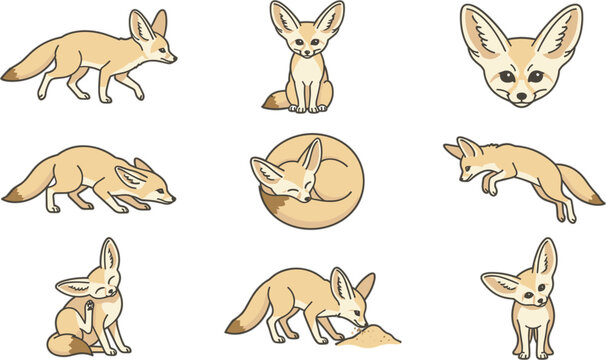 Adorable Fennec Fox Clipart Sheet for Kids Sticker Packs Nursery Wall Art Baby Fashion Prints and Cute Zoo Animal Merchandise Vector Graphics