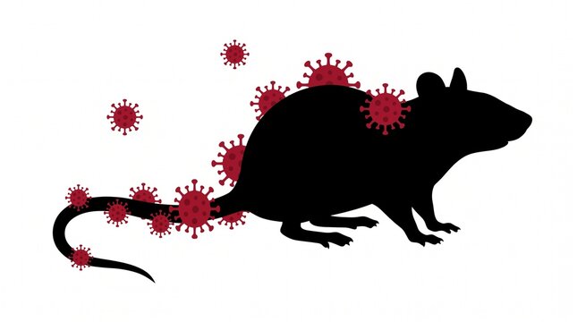 Epidemiology: Rat silhouette surrounded by pathogens symbolizes plague outbreak and zoonotic disease transmission