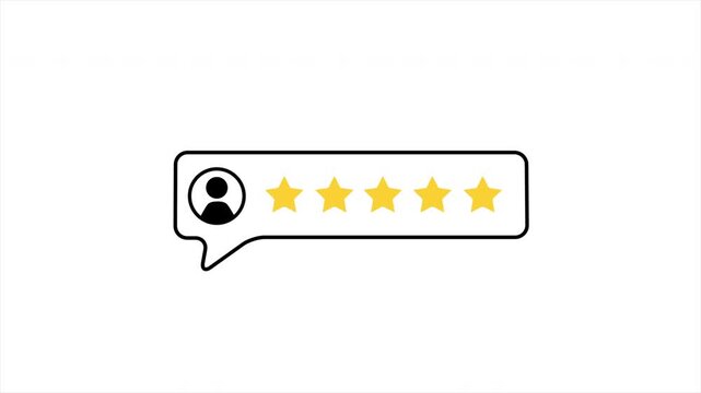 A testimonial chat bubble displays five stars with a profile avatar. Shows positive customer feedback. Suitable for messaging interfaces, apps, and UI visuals