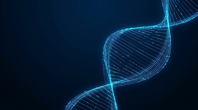 Abstract digital illustration of a dna double helix intertwined with a complex microchip circuit board pattern in deep blue