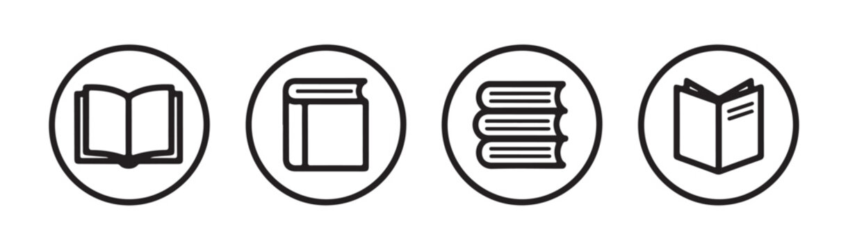 Open books and stack of reading materials collection outline style graphic elements for educational digital interface.