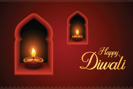 Realistic Illuminated Oil Lamp Sitting On Window Wall On Red Background. Diwali Festival Of Lights Background Concept For E-commerce Greetings, Poster, Banner Etc.