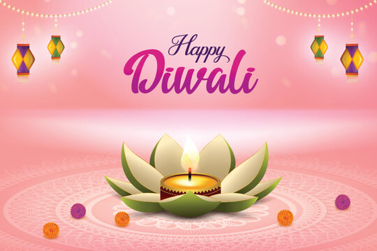 Happy Diwali Greetings With Flower Shaped Diya & Hanging Paper Lantern Lights On Pink Background. Indian Festival Of Lights Banner Concept For E-commerce Greetings, Poster, Etc.