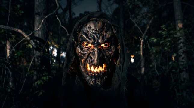 Terrifying monster face in haunted forest, scary horror creature with glowing eyes, sharp teeth and dark cinematic nightmare background

